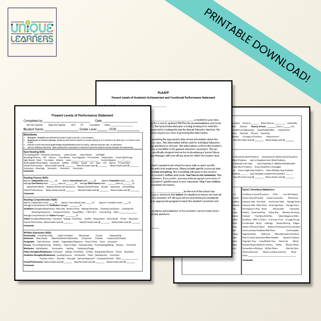 PLAAFP or PLOP Form Teacher Resource for Special Needs IEPs Printable Download