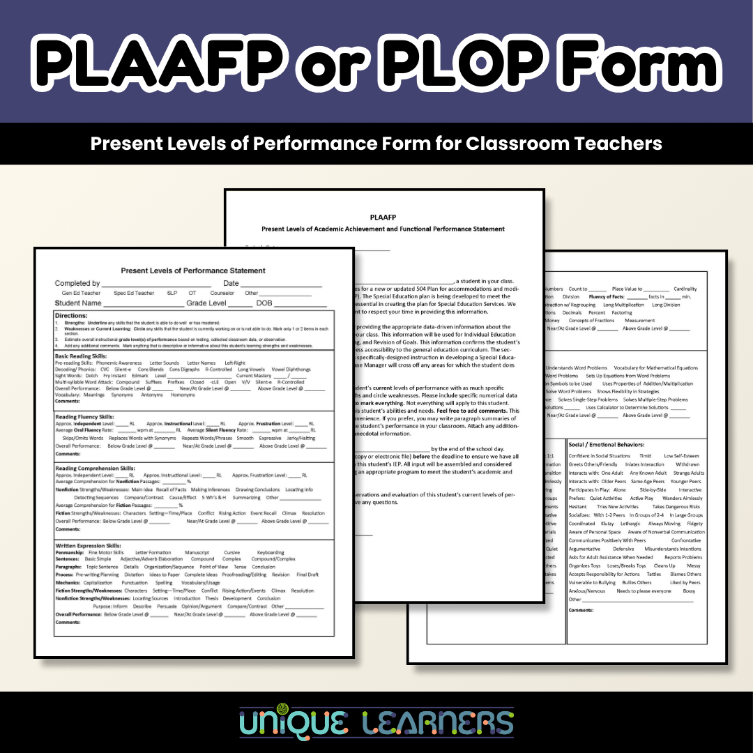 PLAAFP or PLOP Form Teacher Resource for Special Needs IEPs