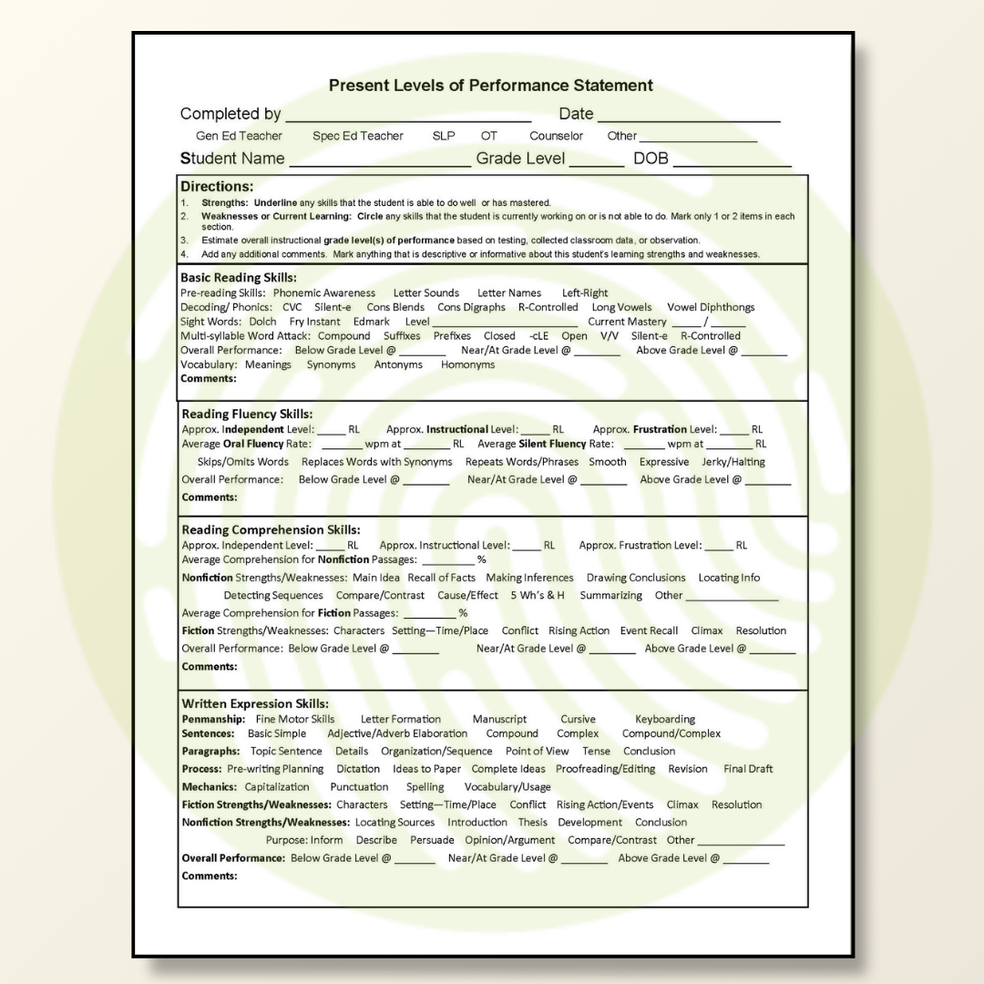 PLAAFP or PLOP Form Teacher Resource for Special Needs IEPs - Example 01