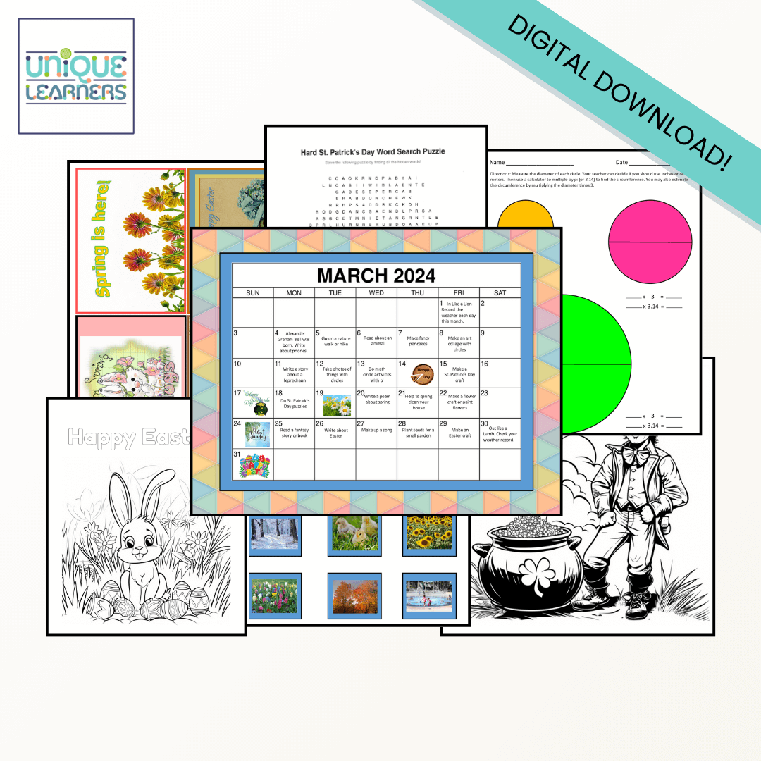 Digital Download - March Activities packet includes a calendar and 60 other pages of puzzles and worksheets for March homeschooling.