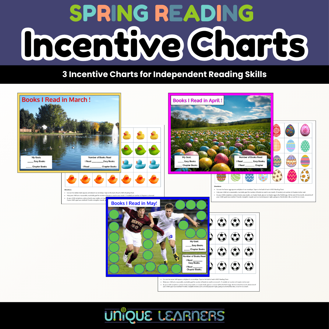 Spring reading incentive charts for March, April, and May keep kids reading independently.