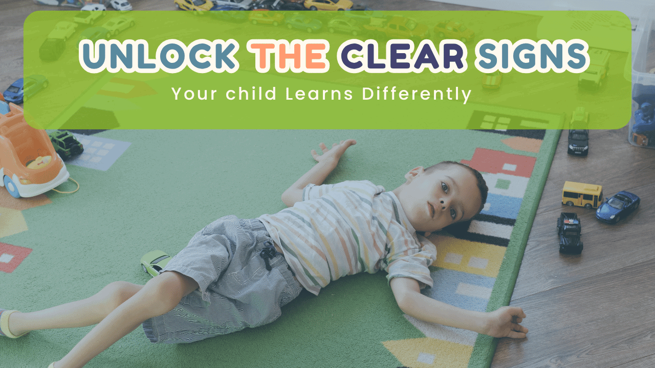 Banner for 'Unlock the Clear Signs' showing a child resting on a colorful rug with toy cars, overlaid by a lime-green header.
