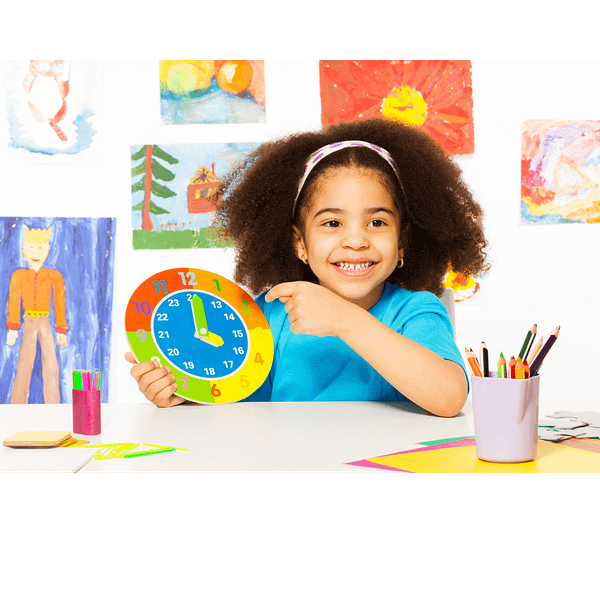 girl learning to tell time in homeschool curriculum