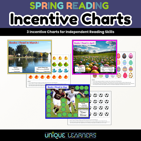 Spring reading incentive charts for March, April, and May keep kids reading independently.